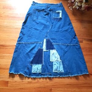 Ashley Stewart Womens Boho Chic Long Blue Denim Patchwork Sz 14 Zip /button